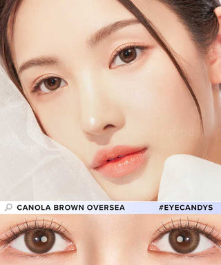 Close-up of model’s eye featuring EyeCandys Clalen Canola Brown Oversea contact lenses, showcasing a warm brown center with a darker brown outer ring for enhanced definition. These lenses create a natural, captivating look, offering comfort for all-day wear.