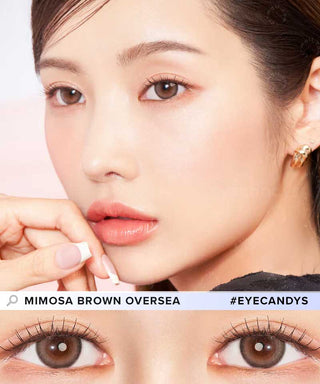 Model with brown eyes wearing EyeCandys Clalen Mimosa Brown Oversea prescription contact lenses, featuring a warm brown color with a defined limbal ring for enhanced eye definition. These lenses offer a natural, captivating look and all-day comfort