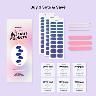 EyeCandys Cosmic Gel Nail Sticker set includes alcohol prep pads, a wooden stick, and a nail file for easy application. This all-in-one kit ensures a smooth, long-lasting manicure with minimal effort. Perfect for at-home use, these gel nail stickers offer a chip-free finish and come with essential tools for flawless results.