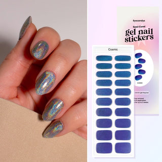 Collage featuring a hand model showcasing the EyeCandys Gel Nail Sticker Cosmic design, along with an overhead image of the same sticker strip and packaging. Perfect for effortless, glamorous nail art with long-lasting wear