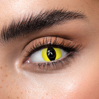 Vibrant yellow cat eye contact lenses by EyeCandys, perfect for Halloween and cosplay. Create an eye-catching effect that enhances any costume.