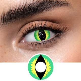 Close-up of a woman's eye featuring vibrant green and black cat eye makeup, enhanced by Eyecandys Cosplay Green Dragon contact lenses. Ideal for Halloween, these lenses create a striking and mystical look, showcasing the intricate design perfect for cosplay and themed events