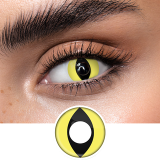 Vibrant yellow cat eye contact lenses by EyeCandys, perfect for Halloween and cosplay. Create an eye-catching effect that enhances any costume.