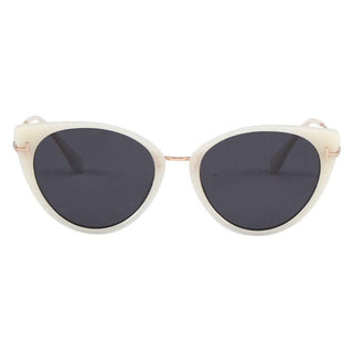 Cyprus Cat Eye Sunglasses  by Eyecandys in Milky Quartz color. Fashionable white sunglasses with black lenses in cat eye style