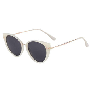side view of Cyprus Cat Eye Sunglasses  by Eyecandys in Milky Quartz color. Fashionable white sunglasses with black lenses in cat eye style
