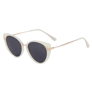 side view of Cyprus Cat Eye Sunglasses  by Eyecandys in Milky Quartz color. Fashionable white sunglasses with black lenses in cat eye style