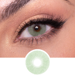 Composite of a brown eye wearing the Dare to be green color contact lens, above the design file of the contact lens itself.