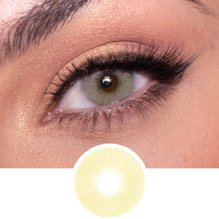 Composite of a brown eye wearing the Dare to be hazel color contact lens, above the design file of the contact lens itself.