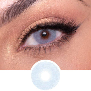 Composite of a brown eye wearing the Dare to be blue color contact lens, above the design file of the contact lens itself.