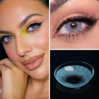 Female model wearing EyeCandys Dare to be blue contact lenses with complementary green eye shadow, above a close-up of her naturally dark eyes enhanced with blue contacts.