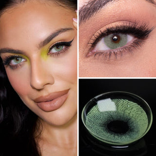 Female model wearing EyeCandys Dare to be green contact lenses with complementary green eye shadow, above a close-up of her naturally dark eyes enhanced with green contacts.