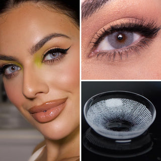 Female model wearing EyeCandys Dare to be Grey contact lenses with complementary green eye shadow, above a close-up of her naturally dark eyes enhanced with grey contacts.