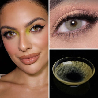 Collage image of a model wearing dare to be hazel with complimentary bright yellow eye make up and a close up shot of eye wearing the same contact lenses and a marco shot of dare to be hazel showing its intricate design in a black flat lay background. 
