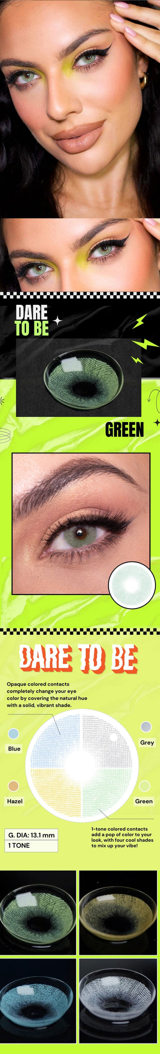 Variety of EyeCandys Dare to be green contact lens colors displayed, with a model wearing the green lens showing realistic effect.