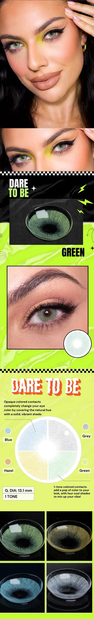 Variety of EyeCandys Dare to be green contact lens colors displayed, with a model wearing the green lens showing realistic effect.