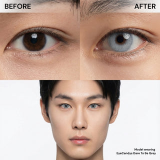 Asian male model showcasing EyeCandys Dare to Be Grey colored contact lens, natural grey enhancement, best contact lens choice, budget-friendly contact lens price