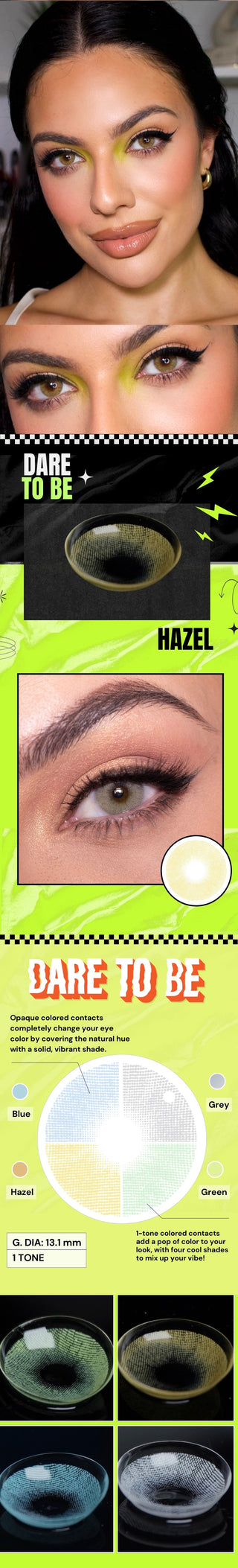 Variety of EyeCandys Dare to be Hazel contact lens colors displayed, with a model wearing the hazel lens showing realistic effect.