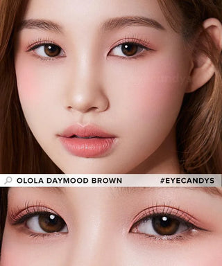Model showcasing the natural look using Olola Daymood Brown (KR) prescription color contacts, above a closeup of a pair of eyes transformed by the color contact lenses