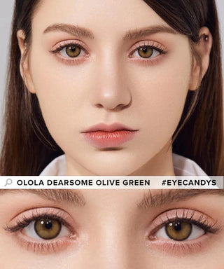 Model showcasing the natural look using Olola Dearsome Olive Green (KR) prescription color contacts, above a closeup of a pair of eyes transformed by the color contact lenses