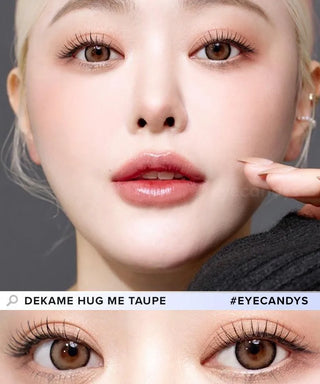 Model showcasing the natural look using i-Sha Dekame Hug Me Taupe prescription colored contact lenses, above a closeup of a pair of eyes enhanced and widened by the circle lenses.