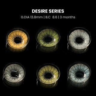 Display showing EyeCandys color lenses in the Desire series in dark backdrop