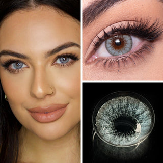 Close up collage featuring a model wearing EyeCandys Desire Glacier Blue Colored Contacts, highlighting the vibrant Blue hue with subtle detail, an eye makeup look showcasing the lens in a creative setting, and a detailed view of the contact lens design.