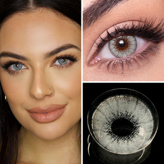 Close up collage featuring a model wearing EyeCandys Desire Innocent white Grey Colored Contacts, highlighting the vibrant white and grey hue with subtle detail, an eye makeup look showcasing the lens in a creative setting, and a detailed view of the contact lens design.