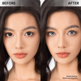 Before-and-after comparison of a model wearing EyeCandys Doe Blue colored prescription contact lens, showing natural eye color transformation.