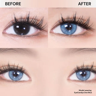 Before and after comparison of Doe blue contact lenses worn by a model.