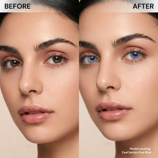 Side-by-side close-up of a woman's face: the left shows her natural brown eyes, and the right features bright blue EyeCandys Doe Blue colored contact lenses by EyeCandys, highlighting a striking style transformation with a natural iris design.