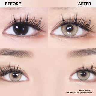 Before and after comparison of Doe Golden Brown contact lenses worn by a model.