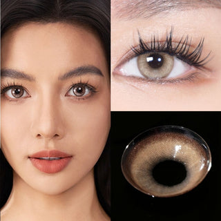 Collage of a woman's face, close-up of her eye with colored contact lens, and a detailed view of the contact lens.