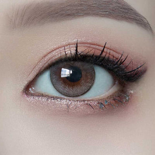 A close-up of a human eye wearing Molak 1-Day Dollish Grey (10pk) lenses by Molak, featuring gray contacts that enhance brown irises, long lashes, subtle pink eyeshadow, and a groomed eyebrow with visible light reflections.