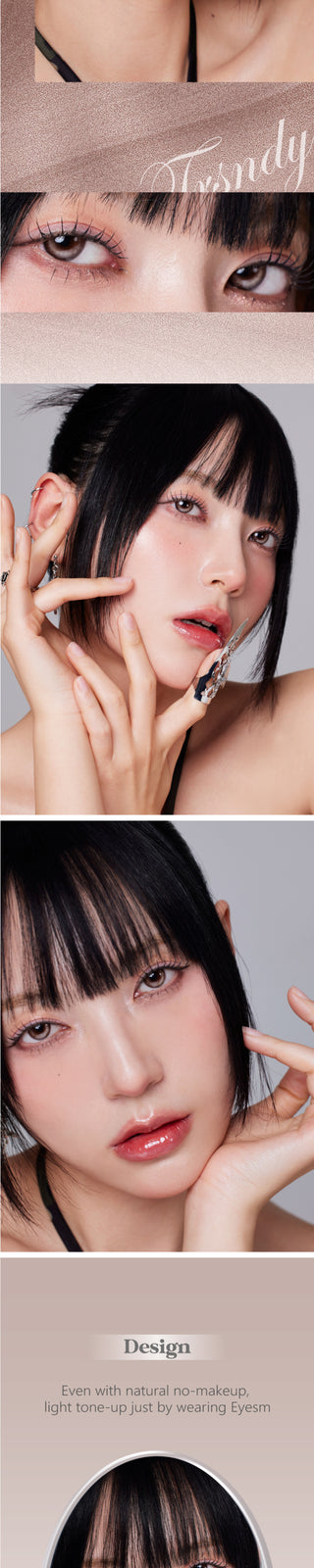 Several views of a Korean model with the Dollring Grace Chocolate Brown color contact lenses. An enlargement of a model's eyes with the prescription colored contacts, demonstrating the subtle yet striking change on dark eyes.