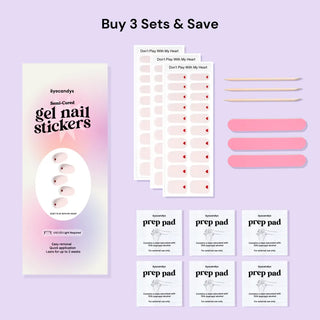 EyeCandys Don’t Play With My Heart Gel Nail Stickers featuring a soft pink base with red heart accents. Complete with 3 gel nail sticker sets, 6 prep pads, 3 nail files, and 3 wooden sticks for a flawless at-home manicure. Semi-cured gel formula lasts up to 2-3 weeks, offering a romantic, salon-quality look that’s perfect for Valentine’s or everyday wear.