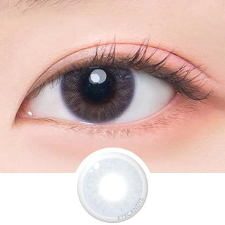 Macro shot of an eye wearing the DooNoon Bono Grey prescription colour contact lens, showing the multi-colored detail and natural effect on dark brown eyes, with clean eye makeup. At the bottom is the pattern of the colored lens design, showing the dotted detail and pigmentation.