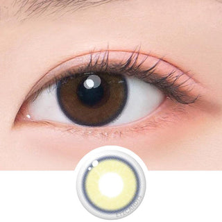 Macro shot of an eye wearing the DooNoon I On Lime Brown prescription colour contact lens, showing the multi-colored detail and natural effect on dark brown eyes, with clean eye makeup. At the bottom is the pattern of the colored lens design, showing the dotted detail and pigmentation.