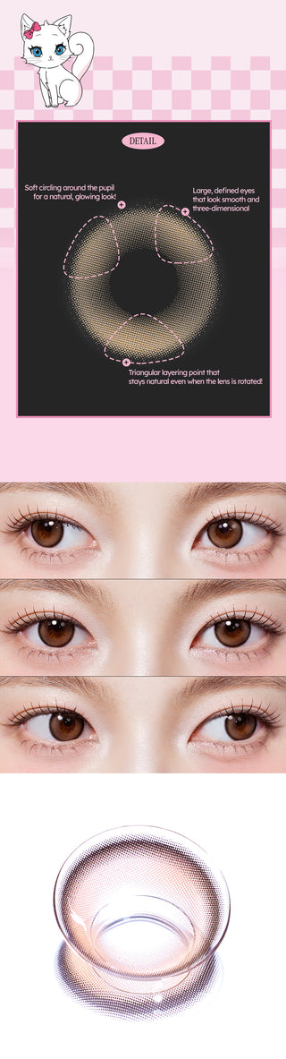 A collage of images showcasing the Olala Meow Coon Brown colored contacts including a close up lens details and close up eye model and a flatlay image of the lens
