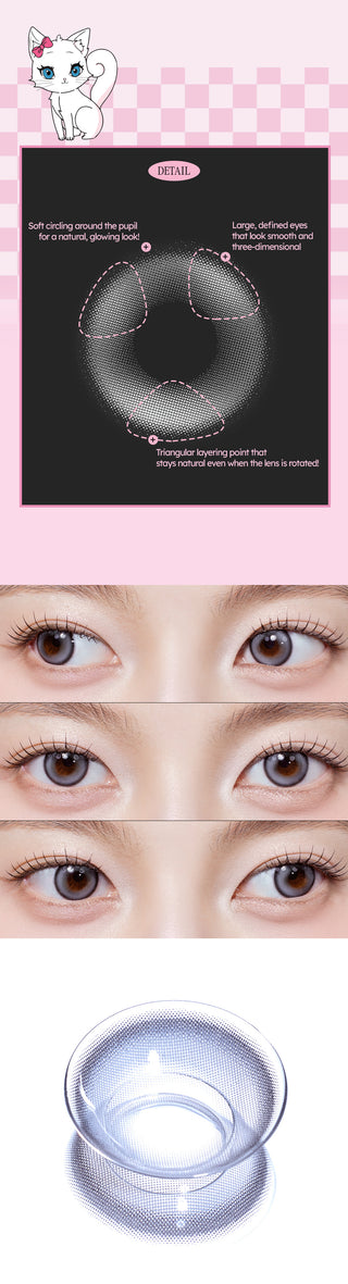 A collage of images showcasing the Olala Meow Coon Grey colored contacts including a close up lens details and close up eye model and a flatlay image of the lens
