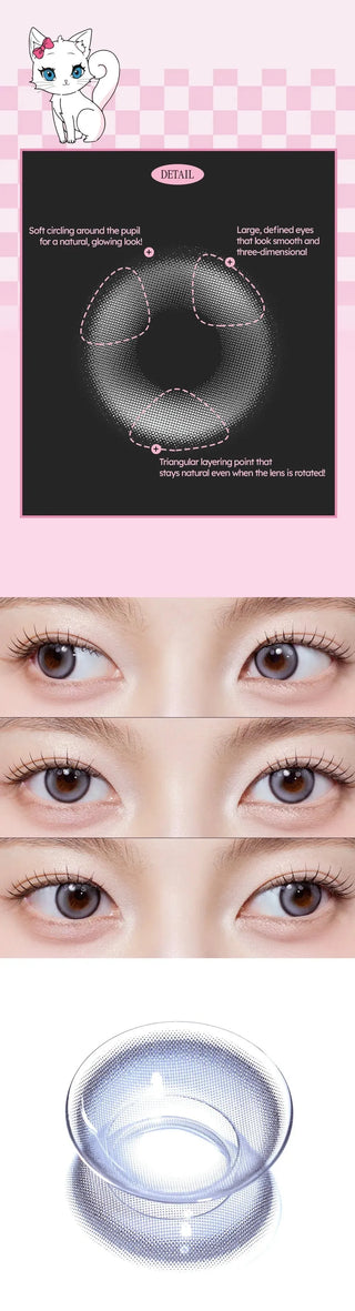 A collage of images showcasing the Olala Meow Coon Grey colored contacts including a close up lens details and close up eye model and a flatlay image of the lens
