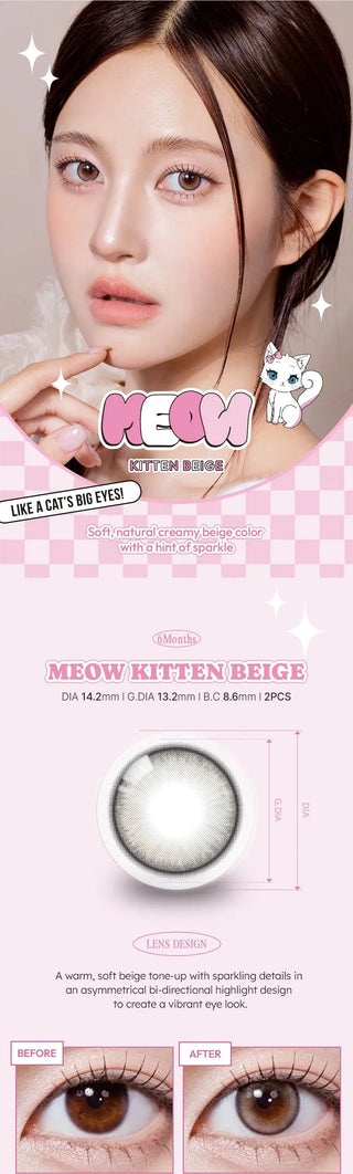A collage of images showcasing the Olala Meow Kitten Beige colored contacts including a model image, close up lens details and close up eye model. 

