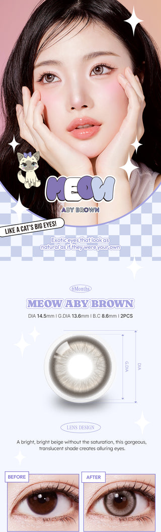 A collage of images showcasing the Olala Meow Aby Brown colored contacts including a model image, close up lens details and close up eye model. 