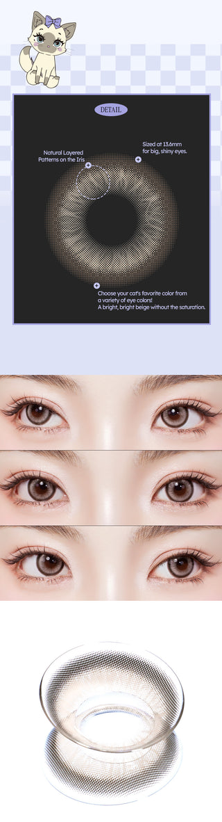 A collage of images showcasing the Olala Meow Aby Brown colored contacts including a close up lens details and close up eye model and a flatlay image of the lens