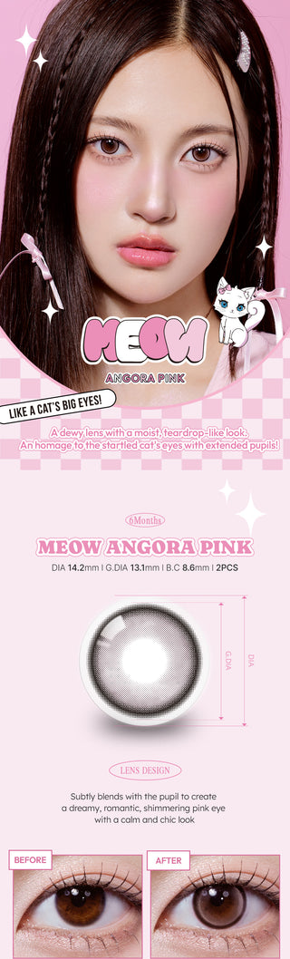 A collage of images showcasing the Olala Meow Angora Pink colored contacts including a model image, close up lens details and close up eye model. 
