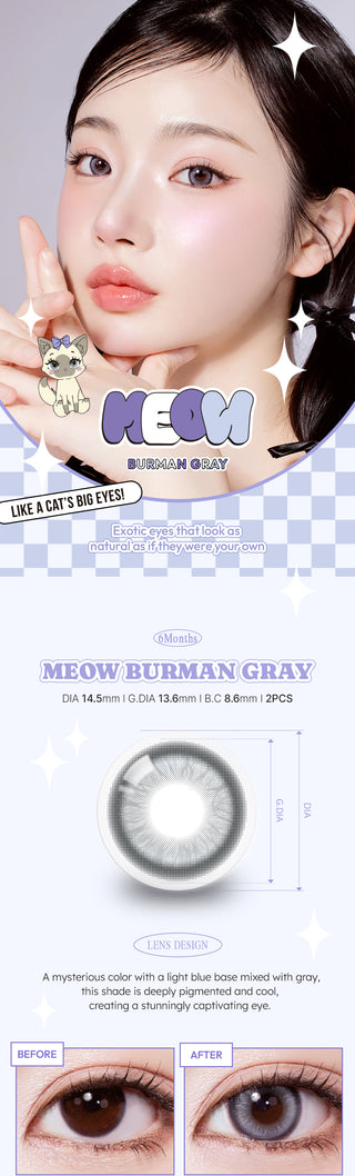 A collage of images showcasing the Olala Meow Burman Grey colored contacts including a model image, close up lens details and close up eye model. 