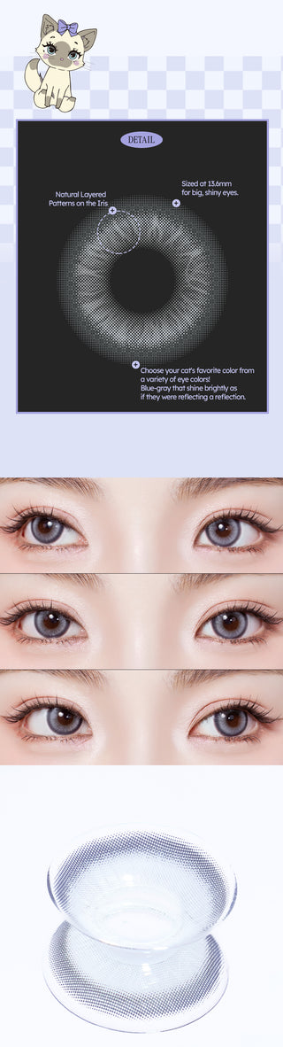 A collage of images showcasing the Olala Meow Burman Grey colored contacts including a close up lens details and close up eye model and a flatlay image of the lens