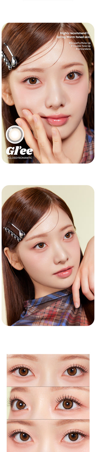 Two photos of the same Asian model wearing EyeCandys Glee Brown prescription colored contact lenses from different angles. The third photo features a close-up of the model's eyes wearing the lenses, looking in different directions.