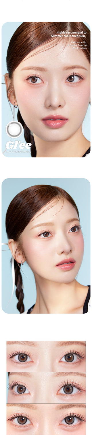 Two photos of the same Asian model wearing EyeCandys Glee Grey prescription colored contact lenses from different angles. The third photo features a close-up of the model's eyes wearing the lenses, looking in different directions