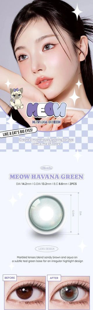 A collage of images showcasing the Olala Meow Havana Green colored contacts including a model image, close up lens details and close up eye model. 
