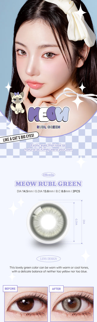 A collage of images showcasing the Olala Meow Rubl Green colored contacts including a model image, close up lens details and close up eye model. 
